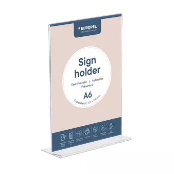 Expositor de mesa EUROPEL acrílico, DIN A6 vertical, reto em acrílico, para apresentação frente e verso