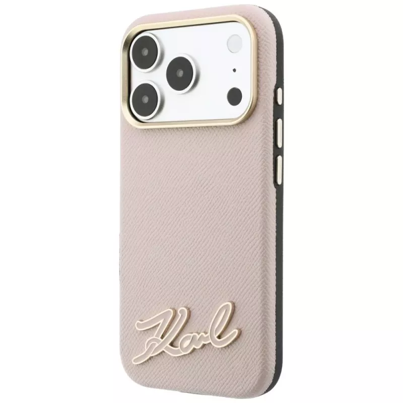 Karl Lagerfeld capa de telemóvel com superfície granulada e logótipo de assinatura em resina, MagSafe, para iPhone 18 Pro / 17 Pro, rosa