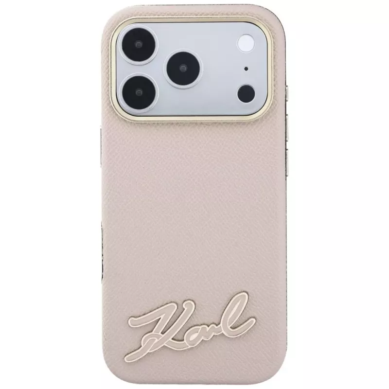 Karl Lagerfeld capa de telemóvel com superfície granulada e logótipo de assinatura em resina, MagSafe, para iPhone 18 Pro / 17 Pro, rosa