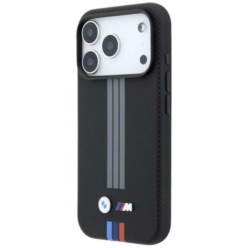 Capa MagSafe BMW M Quadrille Kevlar Anthrazit & Tricolor Print Lines para iPhone 18 Pro Max / 17 Pro Max, preto