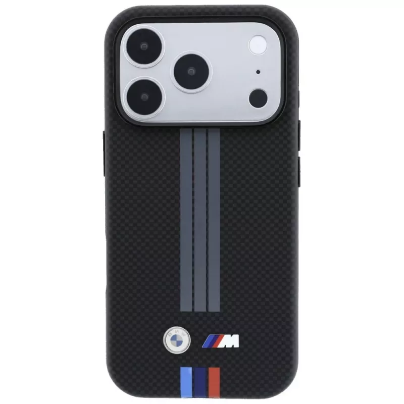 Capa MagSafe BMW M Quadrille Kevlar Anthrazit & Tricolor Print Lines para iPhone 18 Pro Max / 17 Pro Max, preto