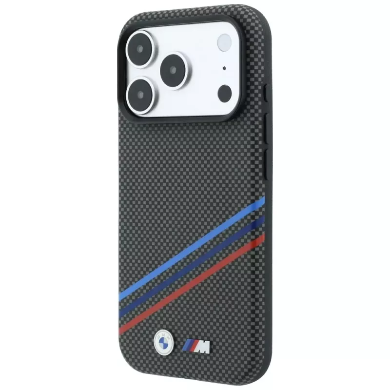 Capa MagSafe BMW M Quadrille Kevlar Print Tricolor Lines & Metal Logo para iPhone 18 Pro Max / 17 Pro Max, antracite