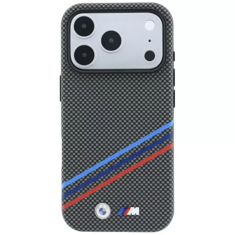 Capa MagSafe BMW M Quadrille Kevlar Print Tricolor Lines & Metal Logo para iPhone 18 Pro Max / 17 Pro Max, antracite