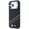 Capa MagSafe BMW M Quadrille Kevlar Print Tricolor Lines & Metal Logo para iPhone 18 Pro Max / 17 Pro Max, preto