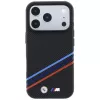 Capa MagSafe BMW M Quadrille Kevlar Print Tricolor Lines & Metal Logo para iPhone 18 Pro Max / 17 Pro Max, preto