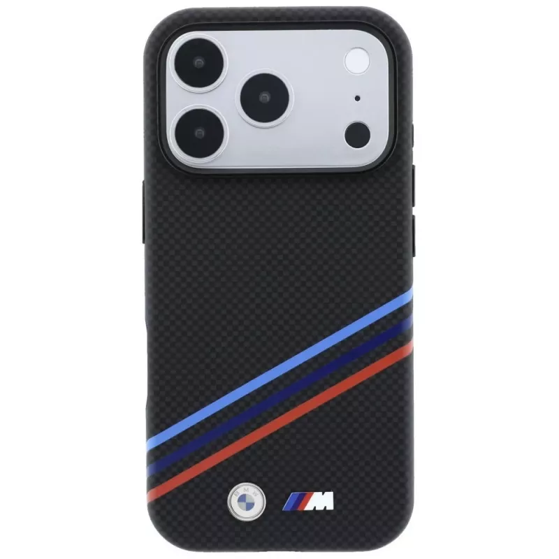 Capa MagSafe BMW M Quadrille Kevlar Print Tricolor Lines & Metal Logo para iPhone 18 Pro Max / 17 Pro Max, preto