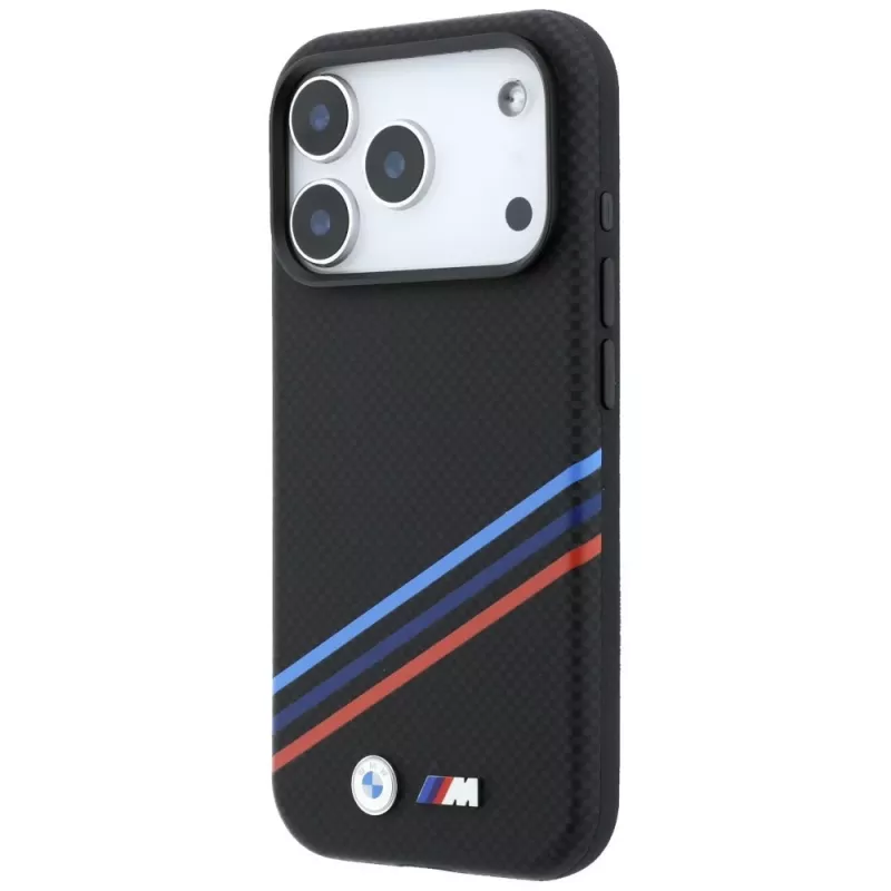 Capa MagSafe BMW M Quadrille Kevlar Print Tricolor Lines & Metal Logo para iPhone 18 Pro / 17 Pro, preto