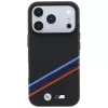 Capa MagSafe BMW M Quadrille Kevlar Print Tricolor Lines & Metal Logo para iPhone 18 Pro / 17 Pro, preto