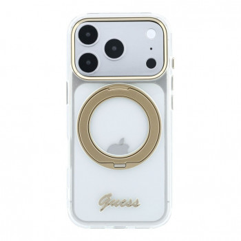 Capa Guess HC MagSafe IML Ring Stand 360 Script Metal Logo para Apple iPhone 18 Pro, transparente