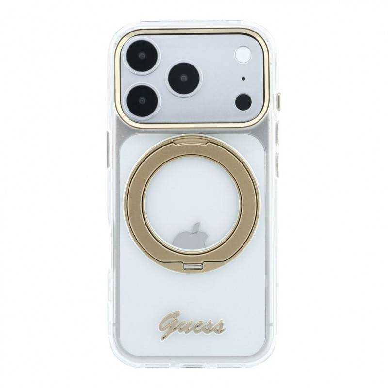 Capa Guess HC MagSafe IML Ring Stand 360 Script Metal Logo para Apple iPhone 18 Pro, transparente