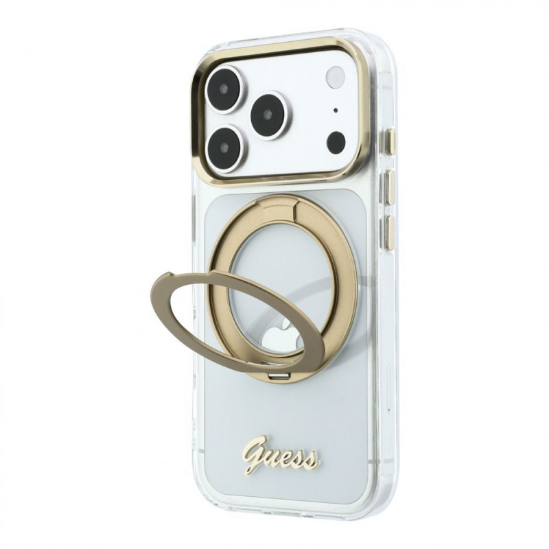 Capa Guess HC MagSafe IML Ring Stand 360 Script Metal Logo para Apple iPhone 18 Pro, transparente