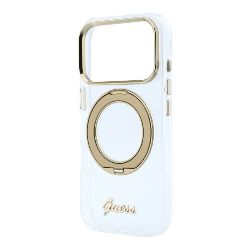 Capa Guess HC MagSafe IML Ring Stand 360 Script Metal Logo para Apple iPhone 18 Pro, transparente