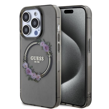 Guess PC/TPU Flowers Ring Glossy Logo capa MagSafe para Apple iPhone 15, transparente preto (GUHMP15LHFWFCK)
