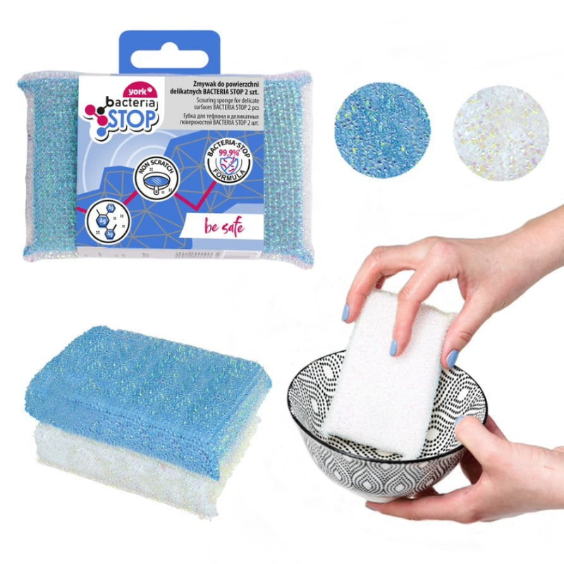Esponjas antibacterianas York Bacteria Stop para superfícies sensíveis, 2 unid., branco/azul