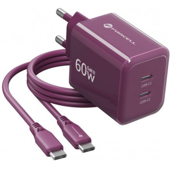 Fonte de alimentação Forcell F-Energy GaN III VT-60 60W PD QC 4.0+ 2x USB-C cor de vinho + cabo USB-C