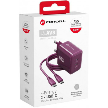 Fonte de alimentação Forcell F-Energy GaN III VT-60 60W PD QC 4.0+ 2x USB-C cor de vinho + cabo USB-C