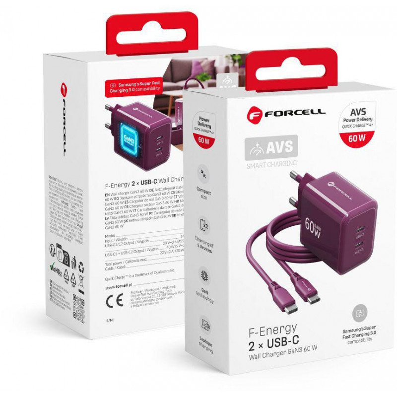 Fonte de alimentação Forcell F-Energy GaN III VT-60 60W PD QC 4.0+ 2x USB-C cor de vinho + cabo USB-C
