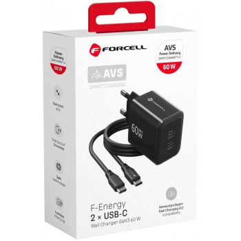 Fonte de alimentação Forcell F-Energy GaN III VT-60 60W PD QC 4.0+ 2x USB-C preta + cabo USB-C