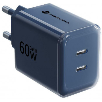 Fonte de alimentação Forcell F-Energy GaN III VT-60 60W PD QC 4.0+ 2x USB-C azul-marinho + cabo USB-C