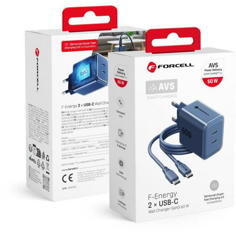 Fonte de alimentação Forcell F-Energy GaN III VT-60 60W PD QC 4.0+ 2x USB-C azul-marinho + cabo USB-C