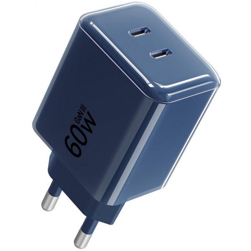 Fonte de alimentação Forcell F-Energy GaN III VT-60 60W PD QC 4.0+ 2x USB-C azul-marinho + cabo USB-C