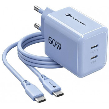 Fonte de alimentação Forcell F-Energy GaN III VT-60 60W PD QC 4.0+ 2x USB-C azul + cabo USB-C