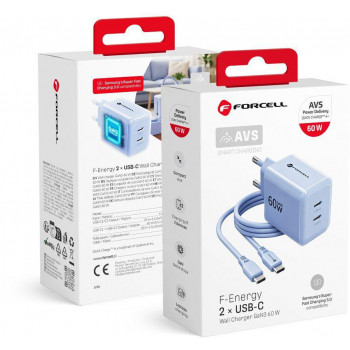 Fonte de alimentação Forcell F-Energy GaN III VT-60 60W PD QC 4.0+ 2x USB-C azul + cabo USB-C