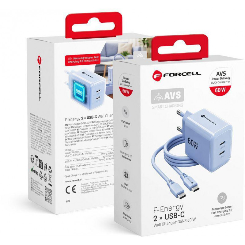 Fonte de alimentação Forcell F-Energy GaN III VT-60 60W PD QC 4.0+ 2x USB-C azul + cabo USB-C