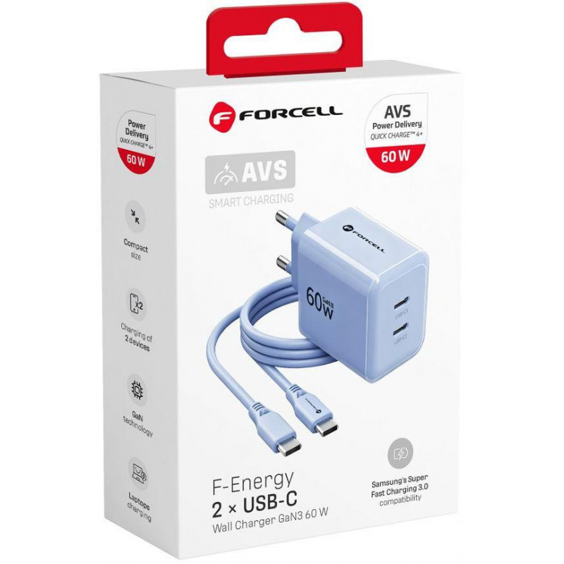 Fonte de alimentação Forcell F-Energy GaN III VT-60 60W PD QC 4.0+ 2x USB-C azul + cabo USB-C