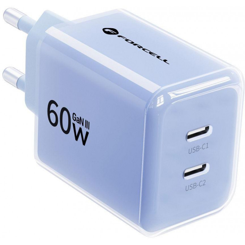 Fonte de alimentação Forcell F-Energy GaN III VT-60 60W PD QC 4.0+ 2x USB-C azul + cabo USB-C
