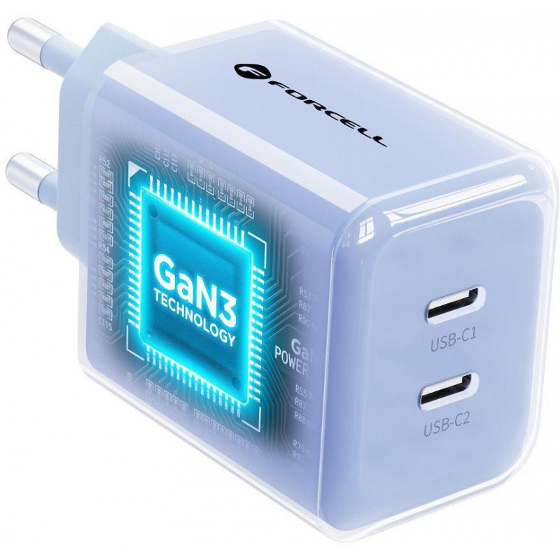 Fonte de alimentação Forcell F-Energy GaN III VT-60 60W PD QC 4.0+ 2x USB-C azul + cabo USB-C
