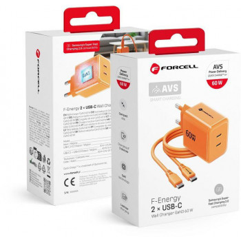 Fonte de alimentação Forcell F-Energy GaN III VT-60 60W PD QC 4.0+ 2x USB-C laranja + cabo USB-C