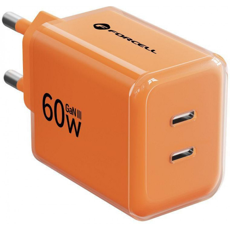 Fonte de alimentação Forcell F-Energy GaN III VT-60 60W PD QC 4.0+ 2x USB-C laranja + cabo USB-C