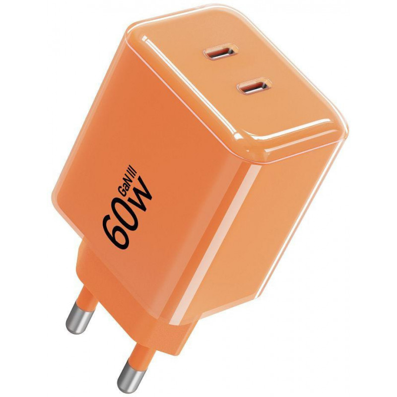 Fonte de alimentação Forcell F-Energy GaN III VT-60 60W PD QC 4.0+ 2x USB-C laranja + cabo USB-C