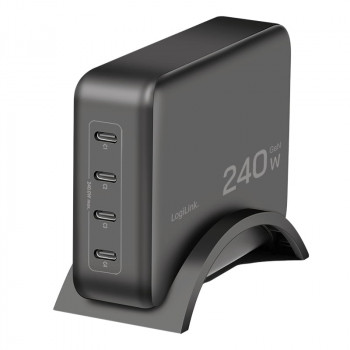 Carregador de secretária Logilink USB-C, 240 W, GaN, 4 portas, 4x USB-C (PD), preto