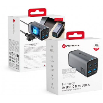 Carregador de mesa Forcell F-Energy GaN III VT-49, 2x USB-C + 2x USB-A, PD, QC 4.0, 100 W, cinzento
