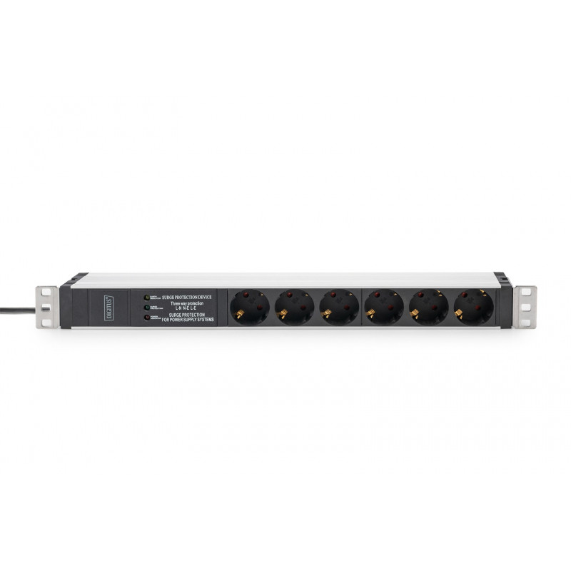 PDU para rack 19 polegadas Digitus DN-95432, 6x Schuko, cabo de 2 m, ficha Schuko, 16 A, proteção contra sobretensão e filtro