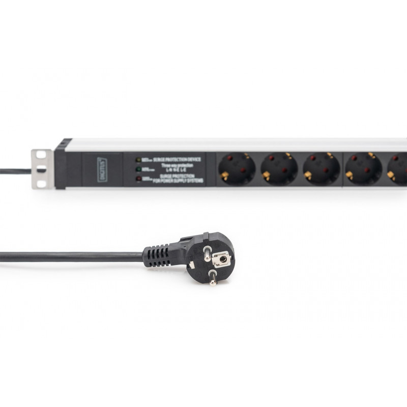PDU para rack 19 polegadas Digitus DN-95432, 6x Schuko, cabo de 2 m, ficha Schuko, 16 A, proteção contra sobretensão e filtro