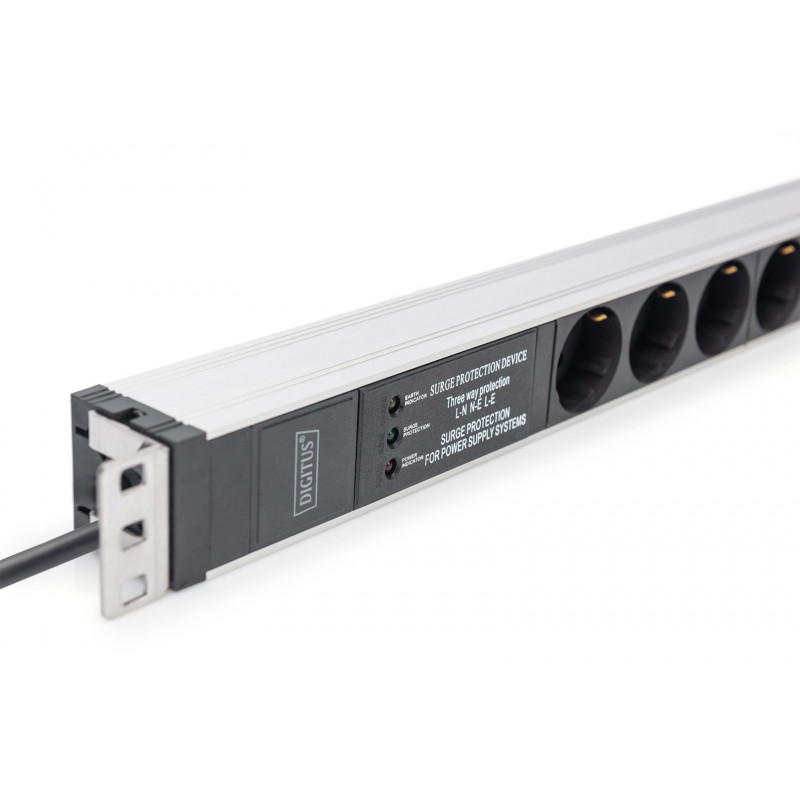 PDU para rack 19 polegadas Digitus DN-95432, 6x Schuko, cabo de 2 m, ficha Schuko, 16 A, proteção contra sobretensão e filtro