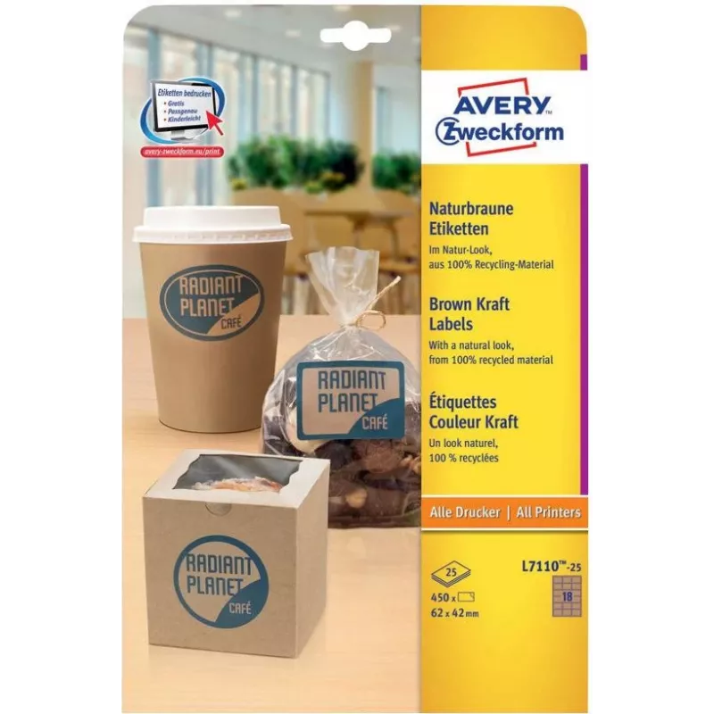Avery Zweckform L7110-25 etiquetas, adesão permanente, castanho natural, 62 x 42 mm, 450 unid. (25 folhas x 18)