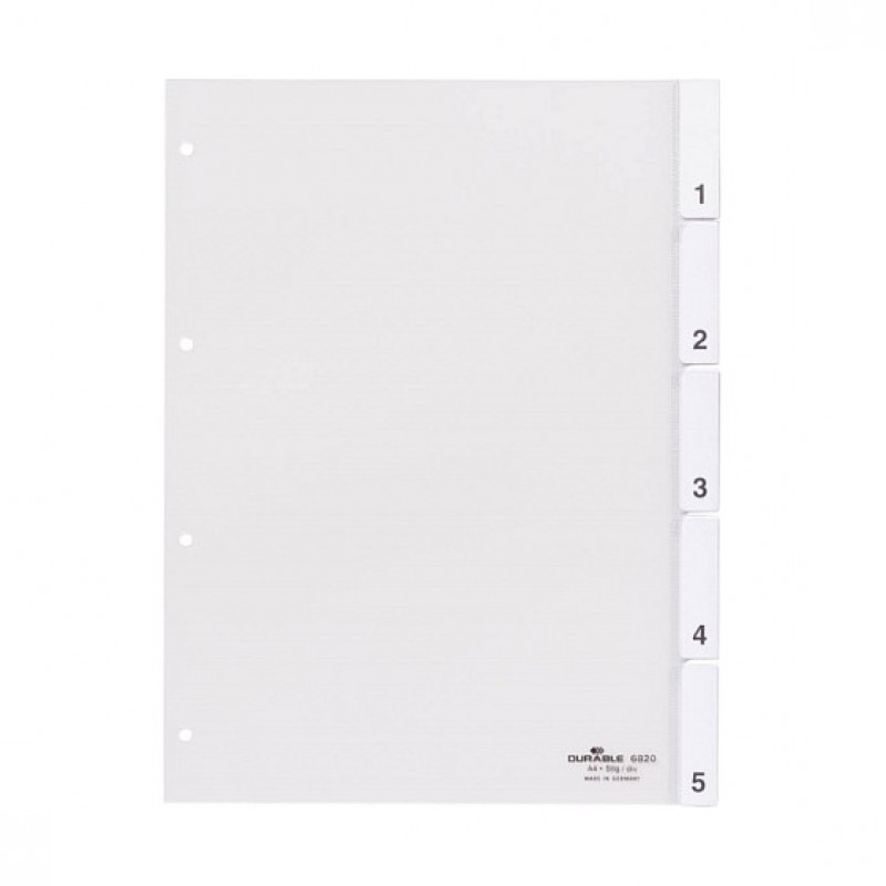 Separadores Durable A4, 5 partes, com abas soldadas e folha de rosto, transparente