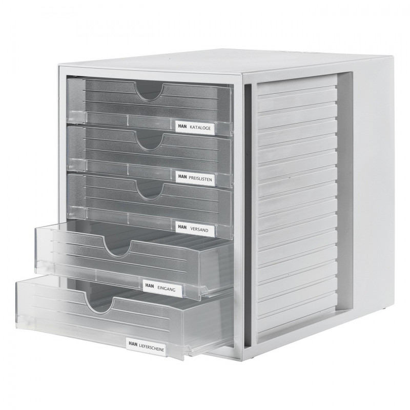 HAN 1450-63 Caixa de Gavetas DIN C4, 5 Gavetas Fechadas, Cinzento Claro Transparente, 27,5 x 33,0 x 32,0 cm