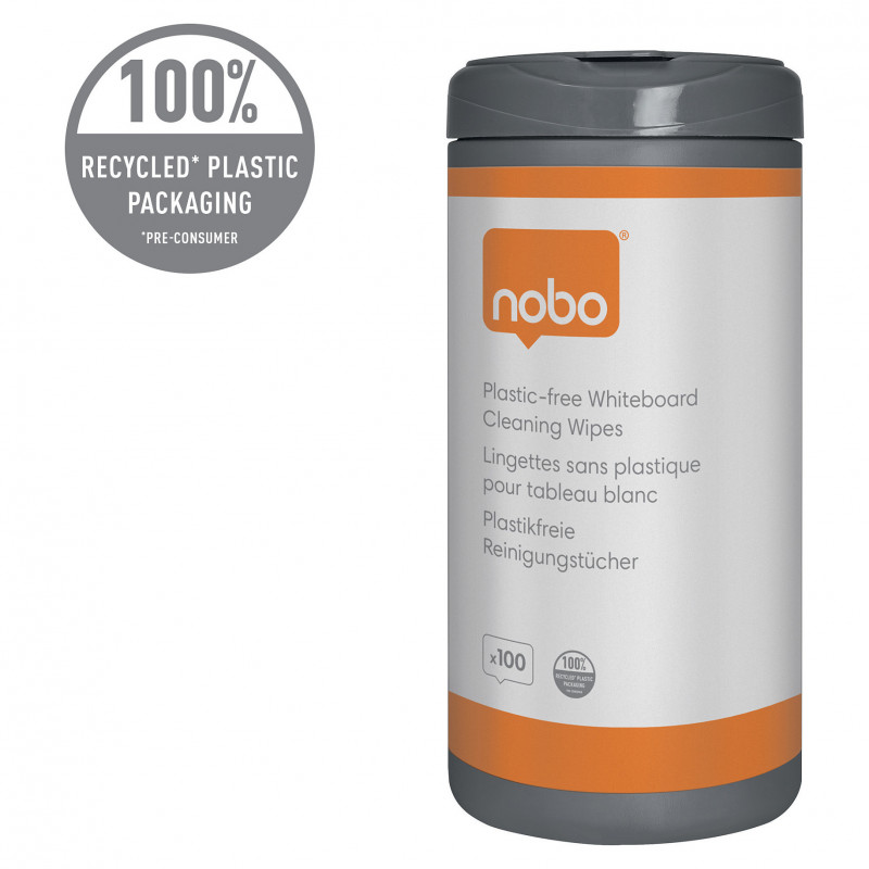 Toalhetes de limpeza para quadro branco Nobo, distribuidor em plástico reciclado, 100 toalhetes
