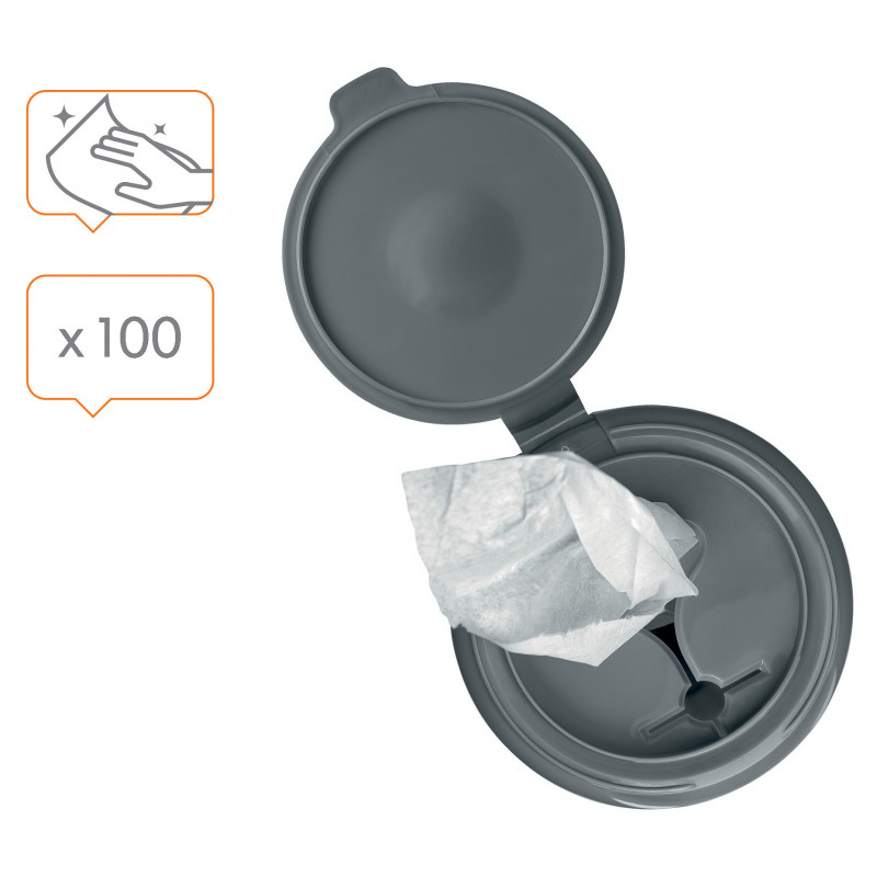 Toalhetes de limpeza para quadro branco Nobo, distribuidor em plástico reciclado, 100 toalhetes