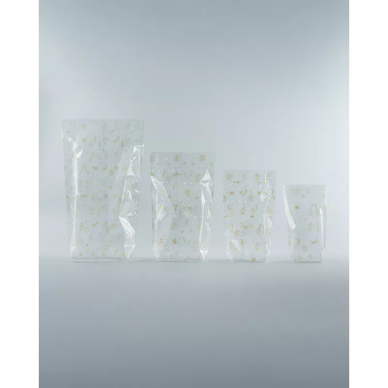Saco de celofane folia 14,0 x 23,0 cm transparente com impressão dourada