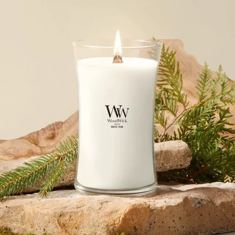 Vela WoodWick White Teak, grande, 610 g
