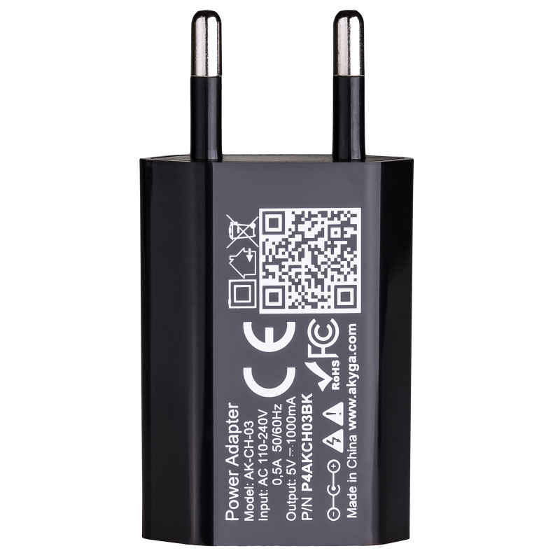 Carregador de parede Akyga AK-CH-03BK 5W USB-A 5V / 1A preto