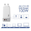 Carregador de parede Akyga AK-CH-20 100W USB-C USB-A PD GaN 5-20V / 1.5-5A branco