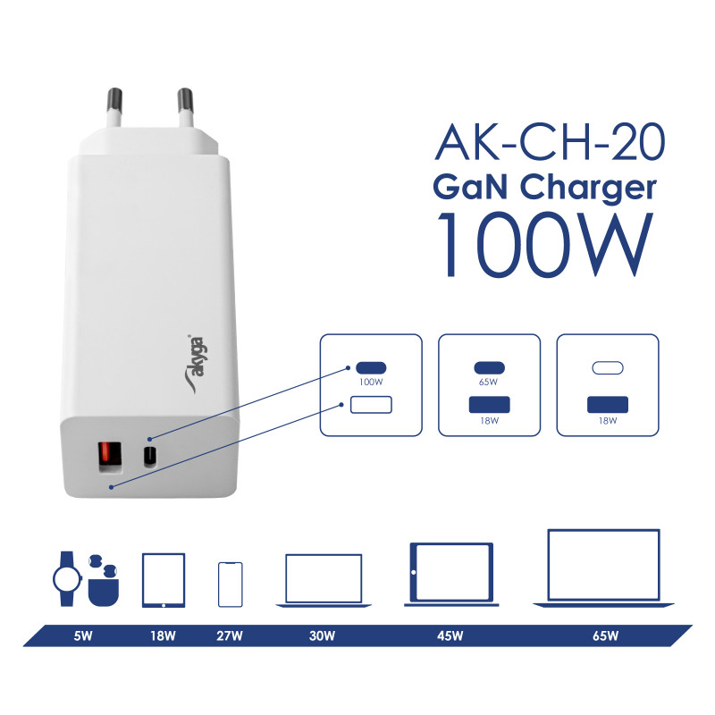 Carregador de parede Akyga AK-CH-20 100W USB-C USB-A PD GaN 5-20V / 1.5-5A branco