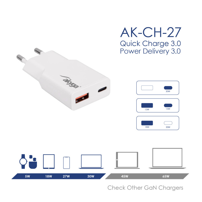 Carregador de parede Akyga AK-CH-27 30W USB-C USB-A PD GaN 5-20V / 1.5-3A branco